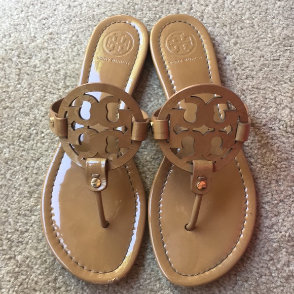 Tory Burch Shoes - Tory Burch Nude Tan Patent Leather Miller Sandals